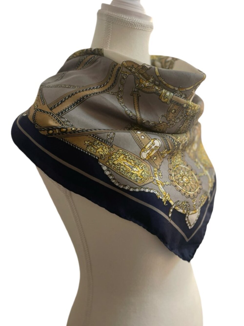 Vintage Equestrian Chain Print Silk Scarf (30" x 30") – Hand Rolled Edges - Picture 5 of 9